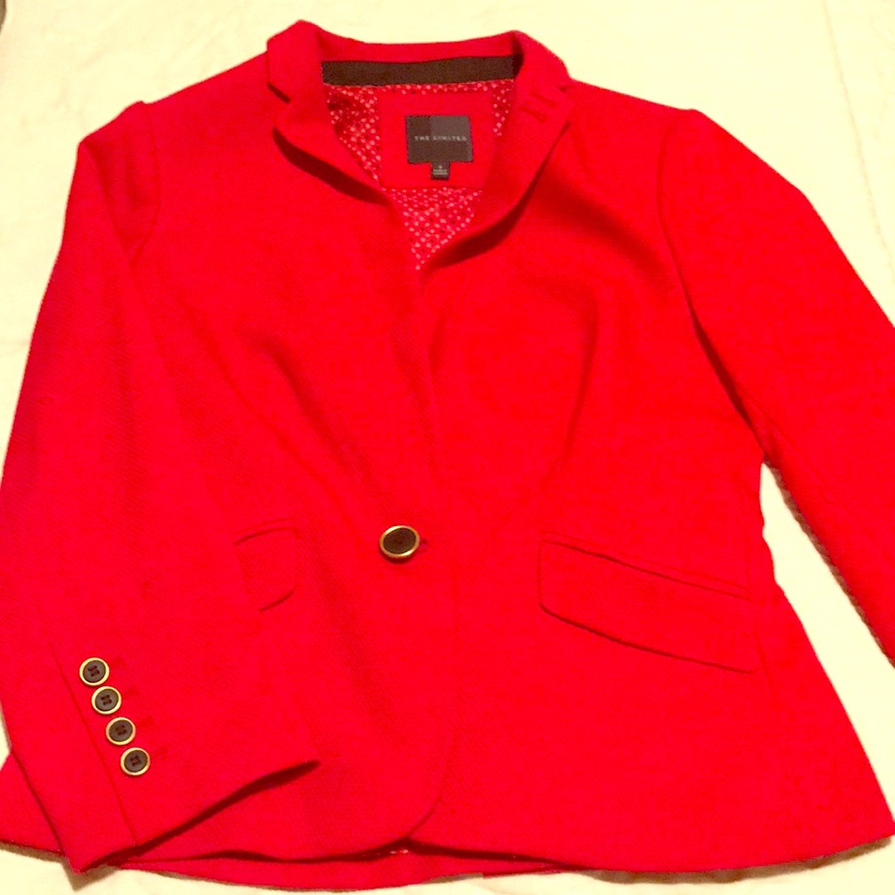 Red blazer with black & gold accent buttons